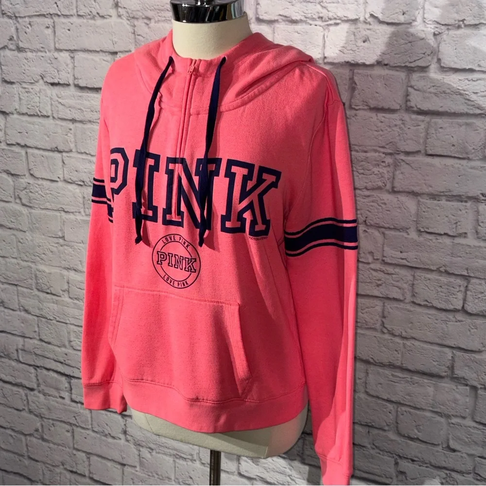 Victoria’s Secret PINK Neon Coral 1/4 Zip Hoodie Sweatshirt Kangaroo Pocket - Picture 4 of 7